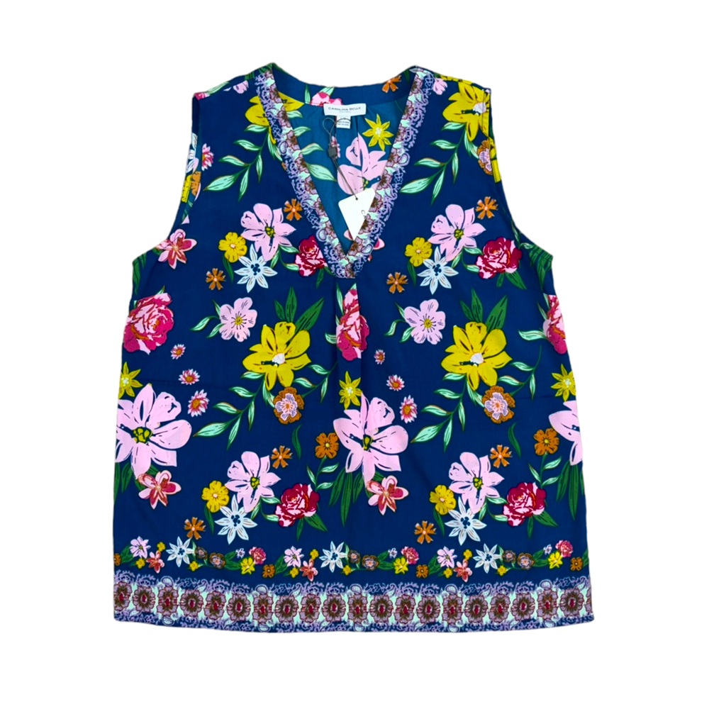 NWT Carolina Belle Floral Sleeveless Blouse Large Blue Pink
